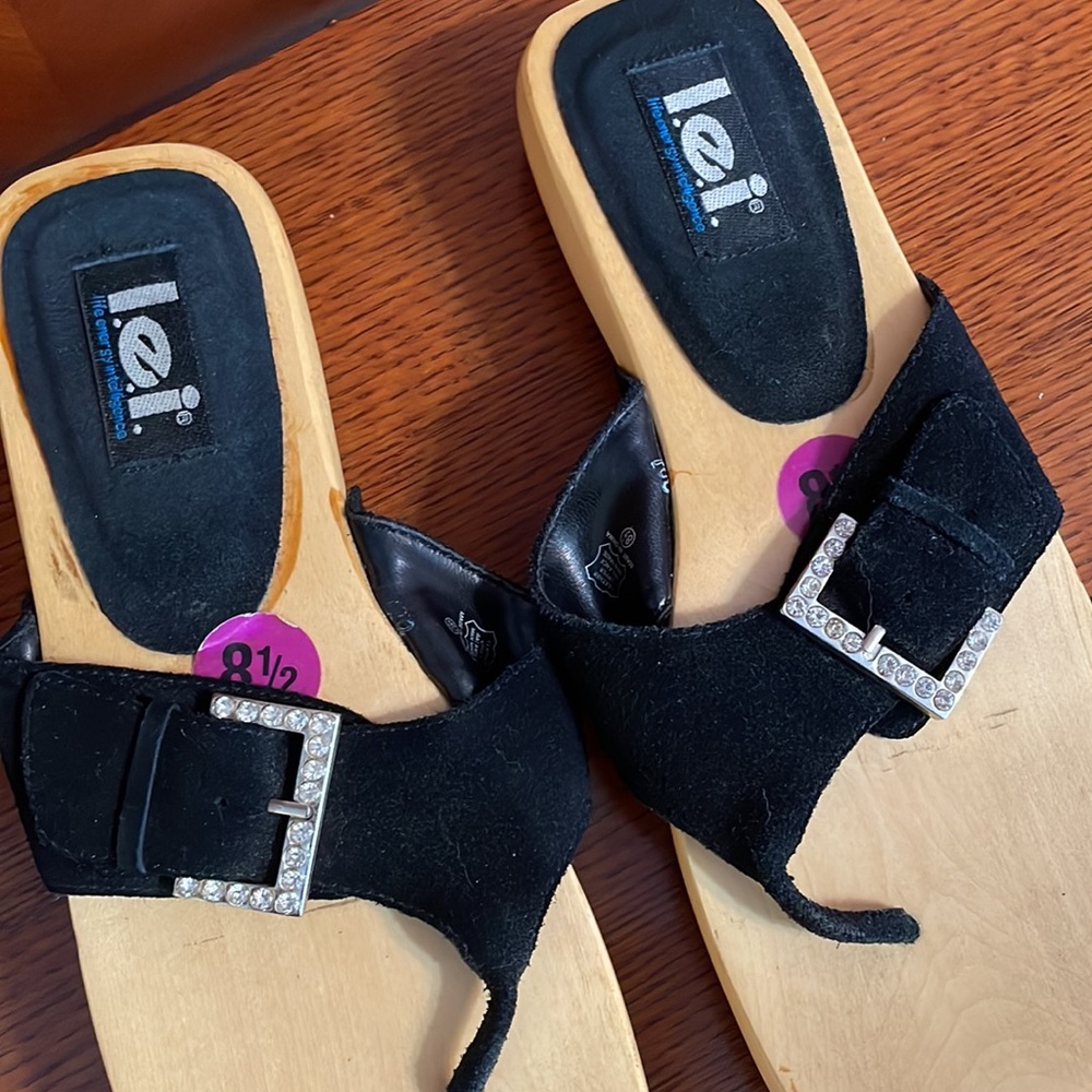 Vintage Y2K Lei Black Rhinestone Wooden soled Flip Flops - Picture 3 of 3